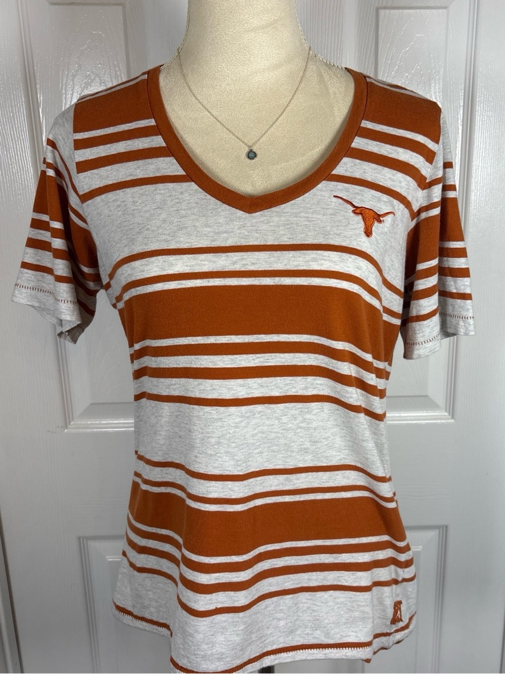 Antigua Texas Longhorns Orange and White Striped V-Neck Shirt